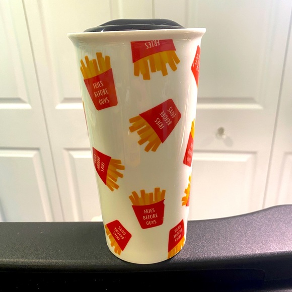 "Fries Before Guys" Travel Mug Porcelain BFF Tumbler Cup with Lid - Picture 4 of 10